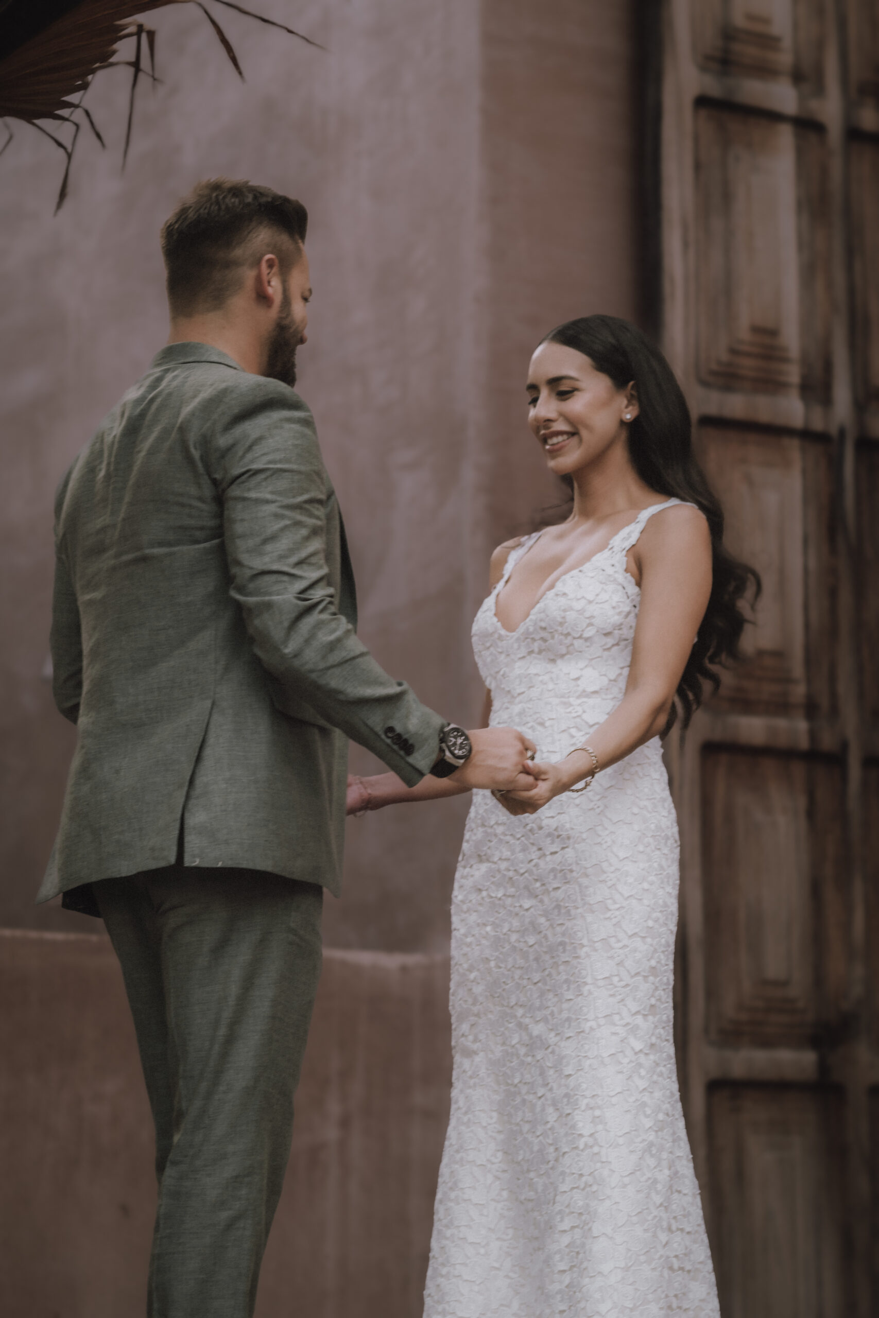 Bride and groom's first look at Xela Tulum architectural jungle elopement